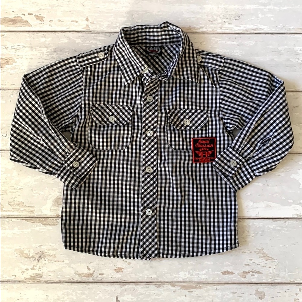 Boys 4T Kids Button Down Shirt Long Sleeves Black White Checker Plaid